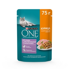 Корм влажный Purina One для взрослых кошек при чувствительном пищеварении с курицей и морковью в соусе, 75г