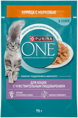 Корм влажный Purina One для кошек при чувствительном пищеварении с курицей и морковью, 75г