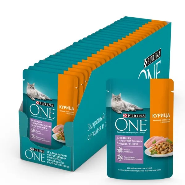 Изображение товара Влажный корм Purina One для взрослых кошек при чувствительном пищеварении, 75г х 26 шт