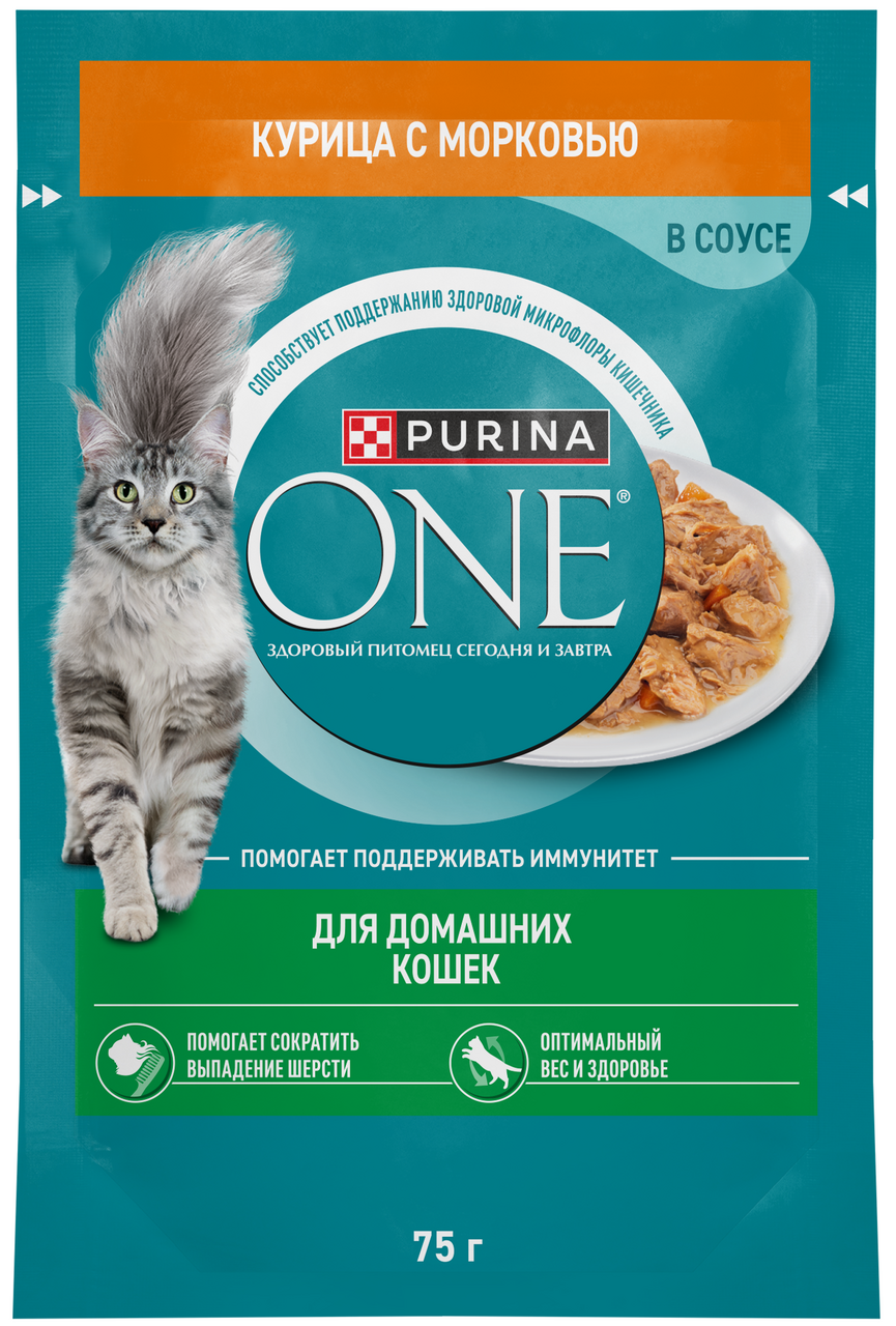 Изображение товара Корм влажный Purina One для домашних кошек с курицей и морковью, 75г