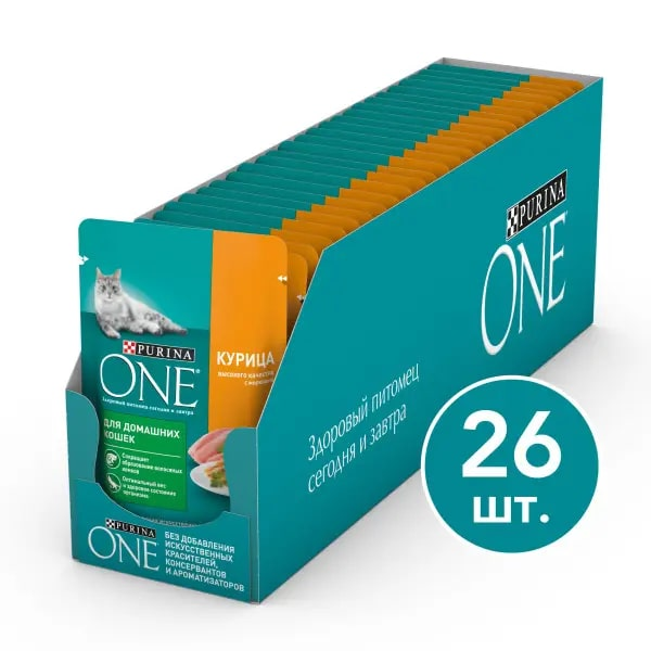 Изображение товара Влажный корм Purina One для взрослых кошек с курицей и морковью 75г х 26 шт