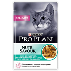 Корм влажный Pro Plan Delicate Нежные кусочки в соусе для кошек с океанической рыбой, 85г