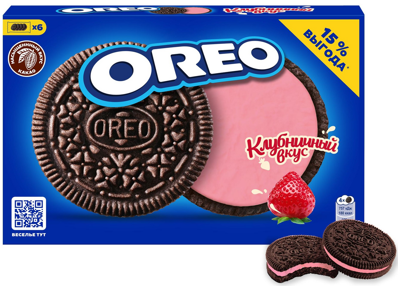 Печенье сэндвич Oreo с какао и клубничной начинкой, 228г