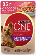 Корм влажный Purina One Мини для взрослых собак мелких пород с лососем, рисом и морковью в подливе, 85г