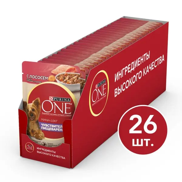 Изображение товара Корм влажный Purina One для взрослых собак мелких пород при чувствительном пищеварении с лососем и рисом в подливе, 85г х 26 шт
