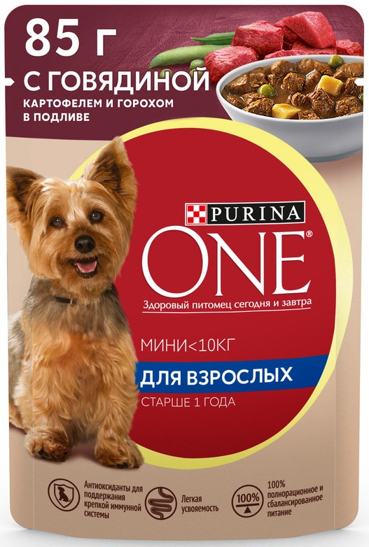 Изображение товара Корм влажный Purina One для взрослых собак мелких и карликовых пород с говядиной, картофелем и горохом в подливе, 85г