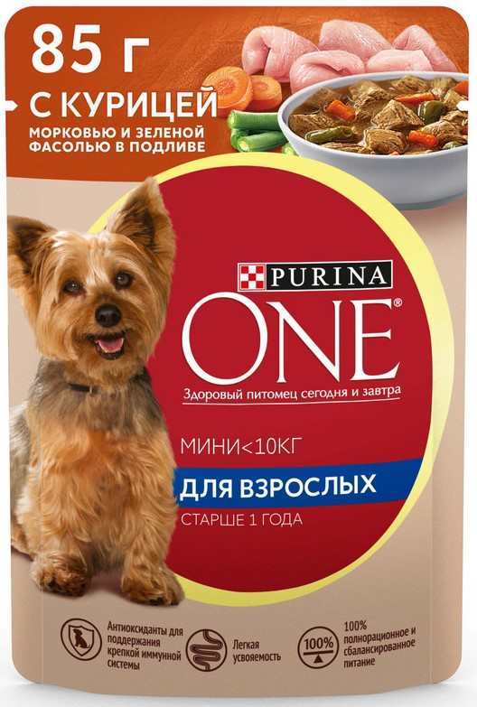 Изображение товара Корм влажный Purina One для взрослых собак мелких и карликовых пород с курицей, морковью и фасолью в подливе, 85г