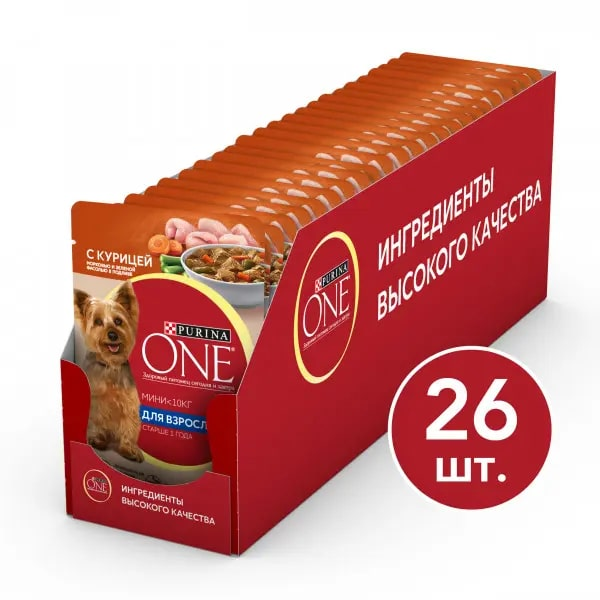 Изображение товара Влажный корм Purina One для собак мелких пород с курицей и овощами 85г х 26 шт
