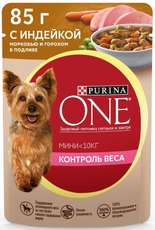Корм влажный Purina One Мини для взрослых собак мелких пород с низкой активностью с индейкой и морковью в подливе, 85г