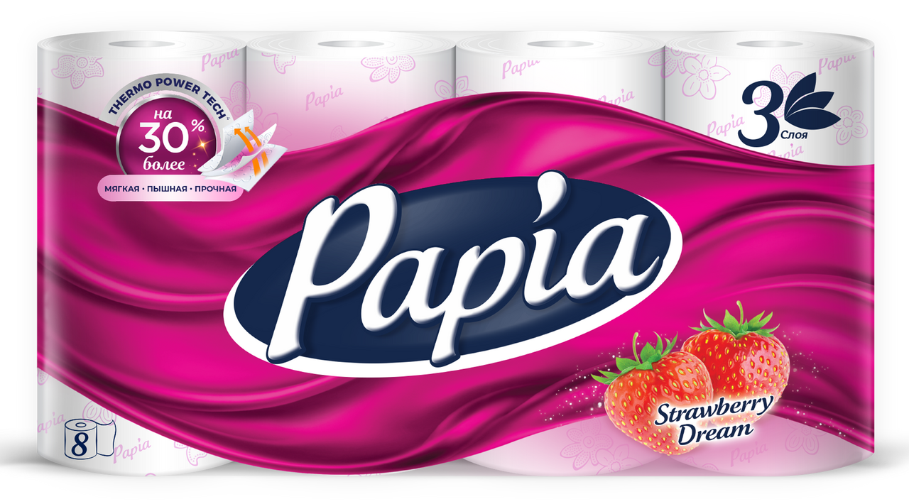 Туалетная бумага Papia Клубничная мечта 3-слойная, 8 рулонов