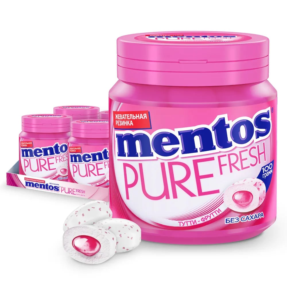 Изображение товара Жевательная резинка Mentos Pure Fresh Тутти Фрутти 100г x 4шт