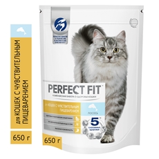 Корм сухой Perfect Fit полнорационный для кошек с чувствительным пищеварением с лососем, 650г