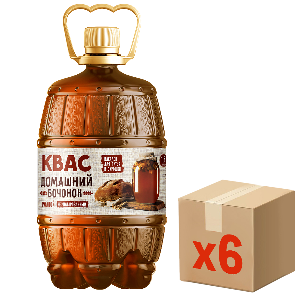 Квас Домашний бочонок, 1.5л x 6 шт