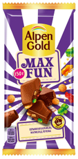 Шоколад Alpen Gold Max Fun молочный со взрывной карамелью мармеладом и печеньем, 150г