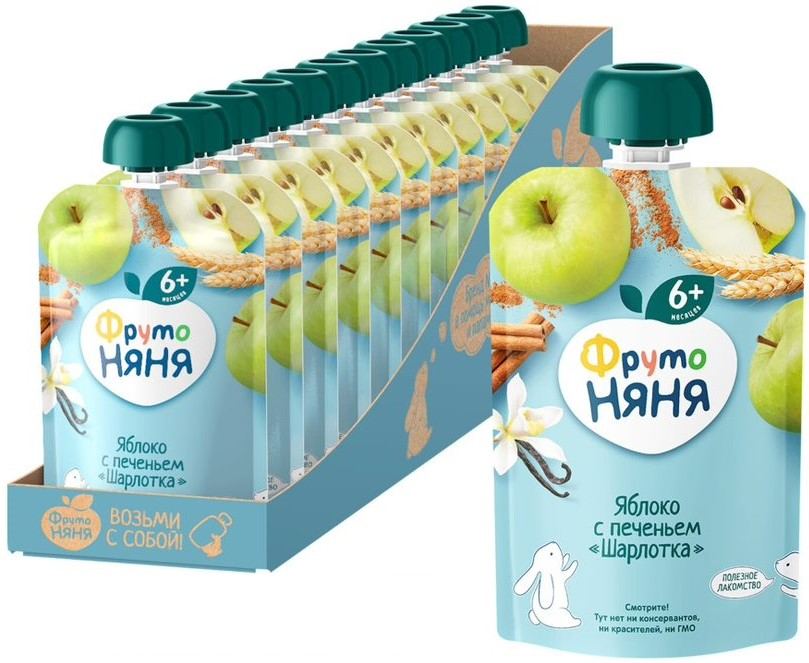 Изображение товара ФрутоНяня Пюре фруктовое Шарлотка Яблоко и печенье с 6 месяцев 90г 12 шт