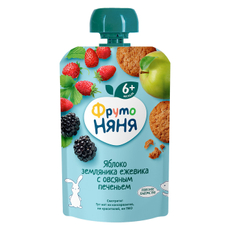 Пюре фруктовое детское ФрутоНяня Яблоко, земляника, ежевика и овсяное печенье с 6 месяцев, 90г