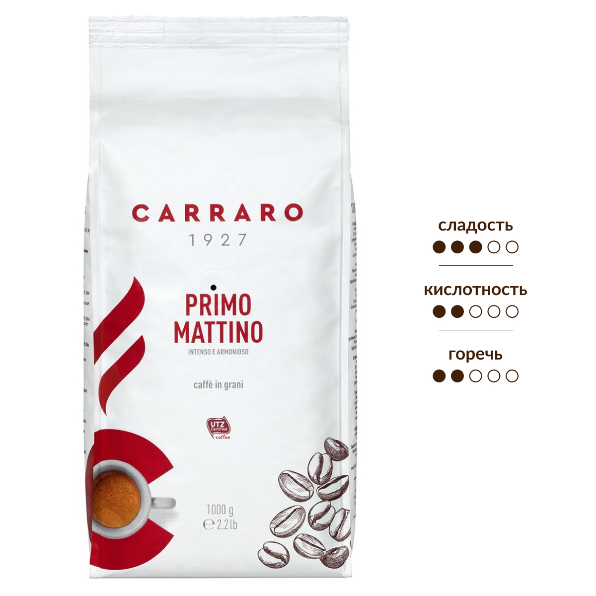 Изображение товара Кофе в зернах Carraro Primo Mattino 1 кг Италия Средняя обжарка ароматный