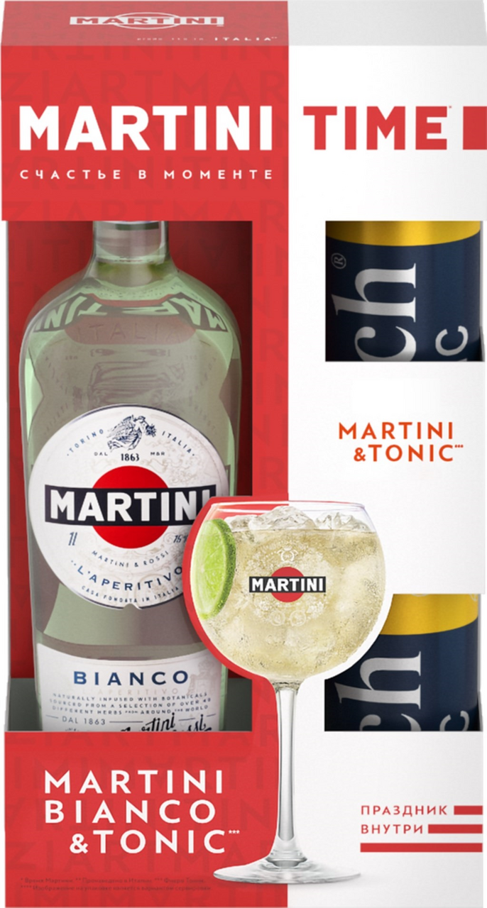 Напиток виноградосодержащий Martini Bianco из виноградного сырья белый  сладкий + Тоник Rich (330мл х 2шт), 1л купить по выгодной цене, самовывоз  алкоголя из магазина в Москве