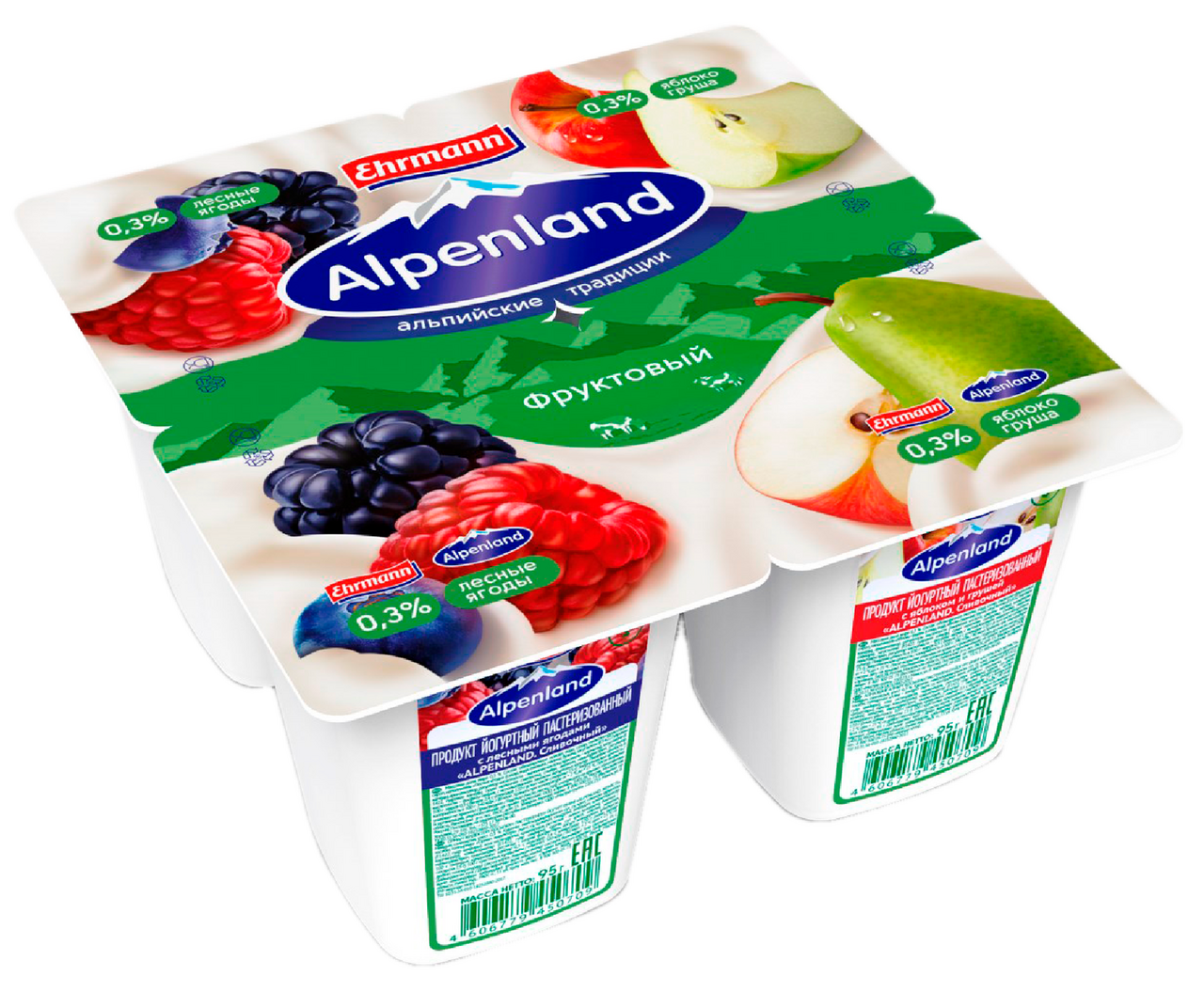 Йогуртный продукт Alpenland лесные ягоды, яблоко и груша 0.3%, 95г