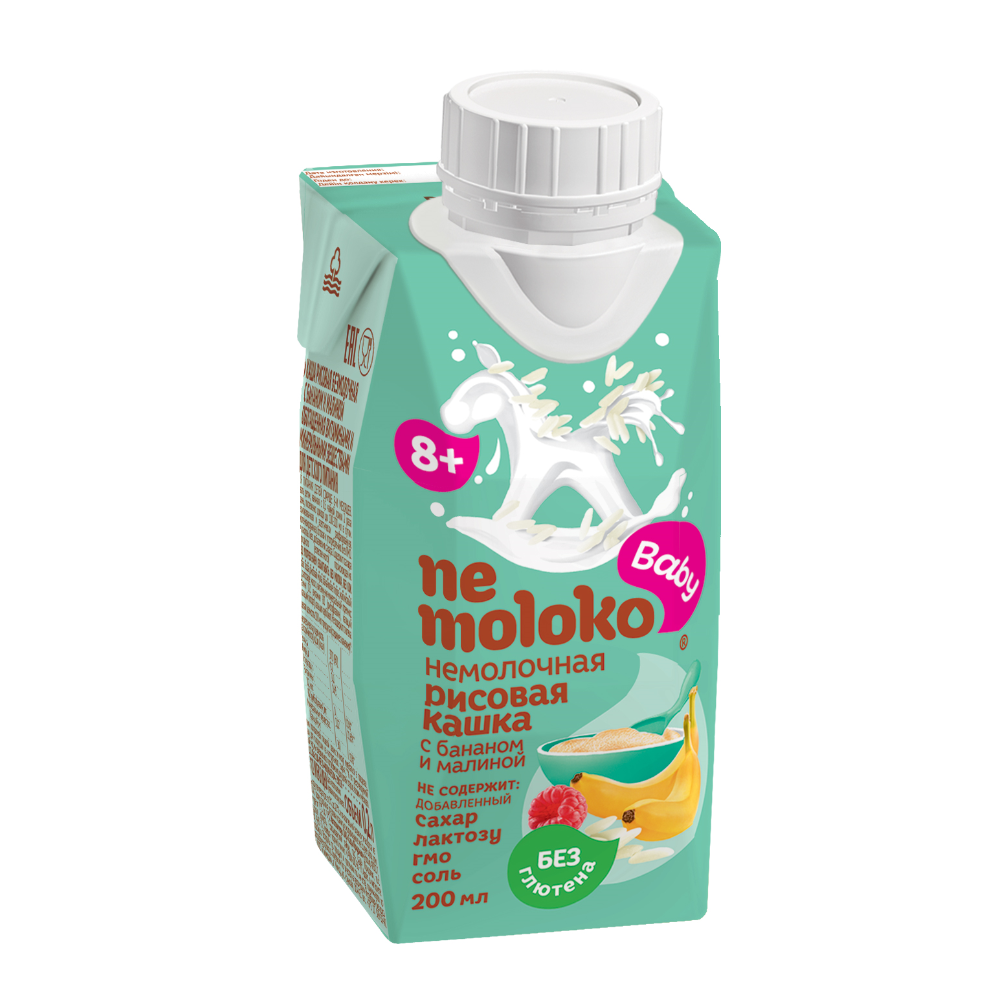 Каша безмолочная детская Nemoloko Рисовая Банан и малина с 8 месяцев, 200мл
